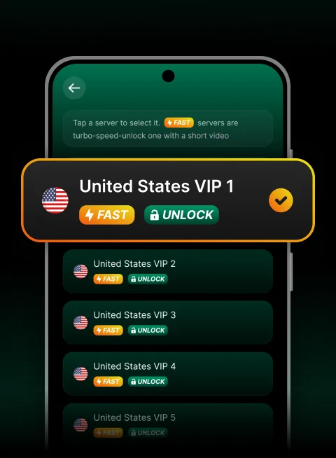 Server list showing United States VIP nodes with FAST and UNLOCK badges