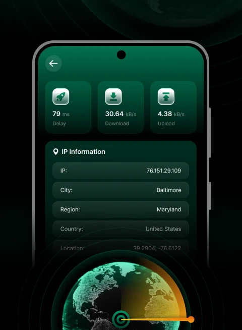 Speed test results with delay, download and upload, plus IP information